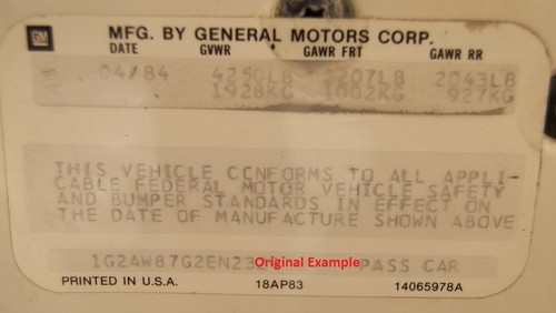 1984 GM VIN Door Decal Sticker Date & VIN Printed Z28 SS 442 Corvette Regal - Picture 2 of 2