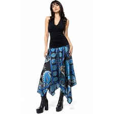 Y2K Halter Midi Dress 8 Black Blue Paisley Satin Handkerchief Hem Boho Cowgirl