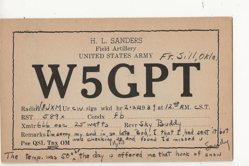 1939  W5GPT Field Artillery  Fort Sill Oklahoma   QSL radio postcard