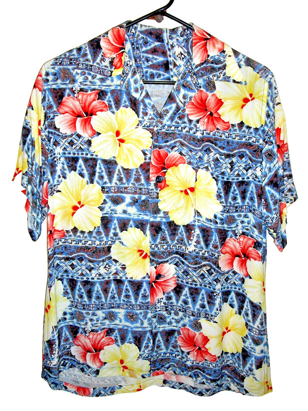 VINTAGE 1950's FLORAL RAYON CREPE? HAWAIIAN SHIRT BLUE YELLOW  BROWN WHITE-S-M