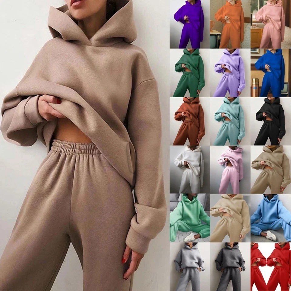 2Pcs Winter Ladies*Hoodies Pants Tracksuit Set Hooded Sweatshirt Pullover Fleece - Image 2 of 4