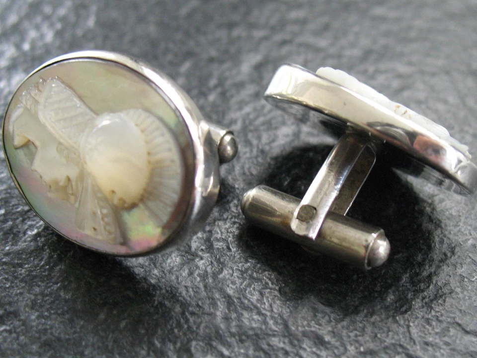 Manschettenknöpfe Silber 800 Handarbeit Unikat mit Perlmutt Gemme - Bild 2 von 4