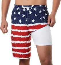 Mens Quick Dry Swim Trunks 9 Inch Inseam Compression Liner Cargo Pocket Board