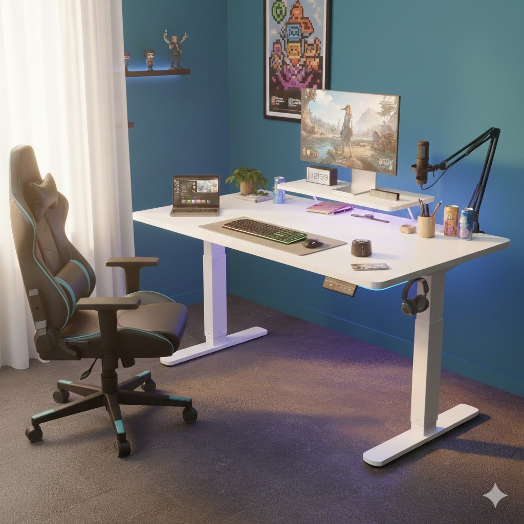Bureau assis debout blanc 120x60cm électrique réglable contre le mal de dos avec support écran