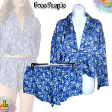 NWT Free People Women's L Printed Satin Pajama Set in Blue Sea Combo