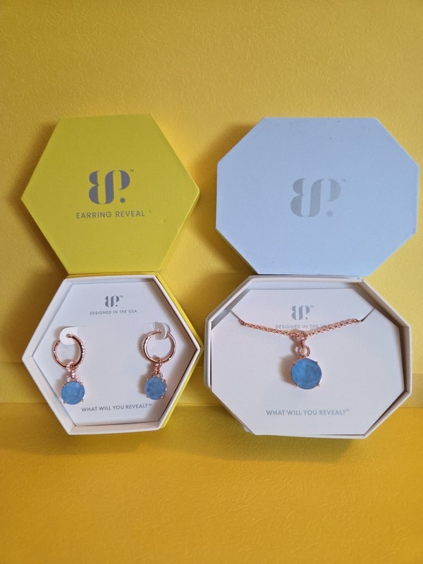 Lab Created Ocean Blue Quartz Necklace/ Earring Set Bomb Party Rose Gold Plating