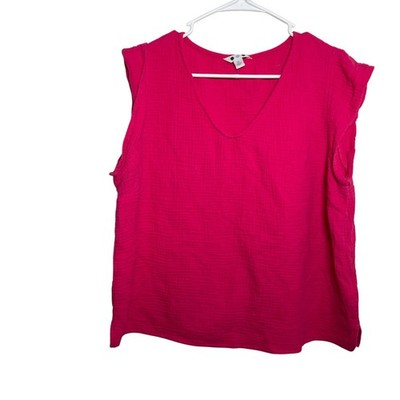 Three Dots Tank Women's XL Pink V-Neck Gauze Cap Sleeve Solid Shirt Top