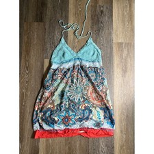 Boho Crochet Halter Mini Dress Paisley Floral Print Smocked Back Blue Red