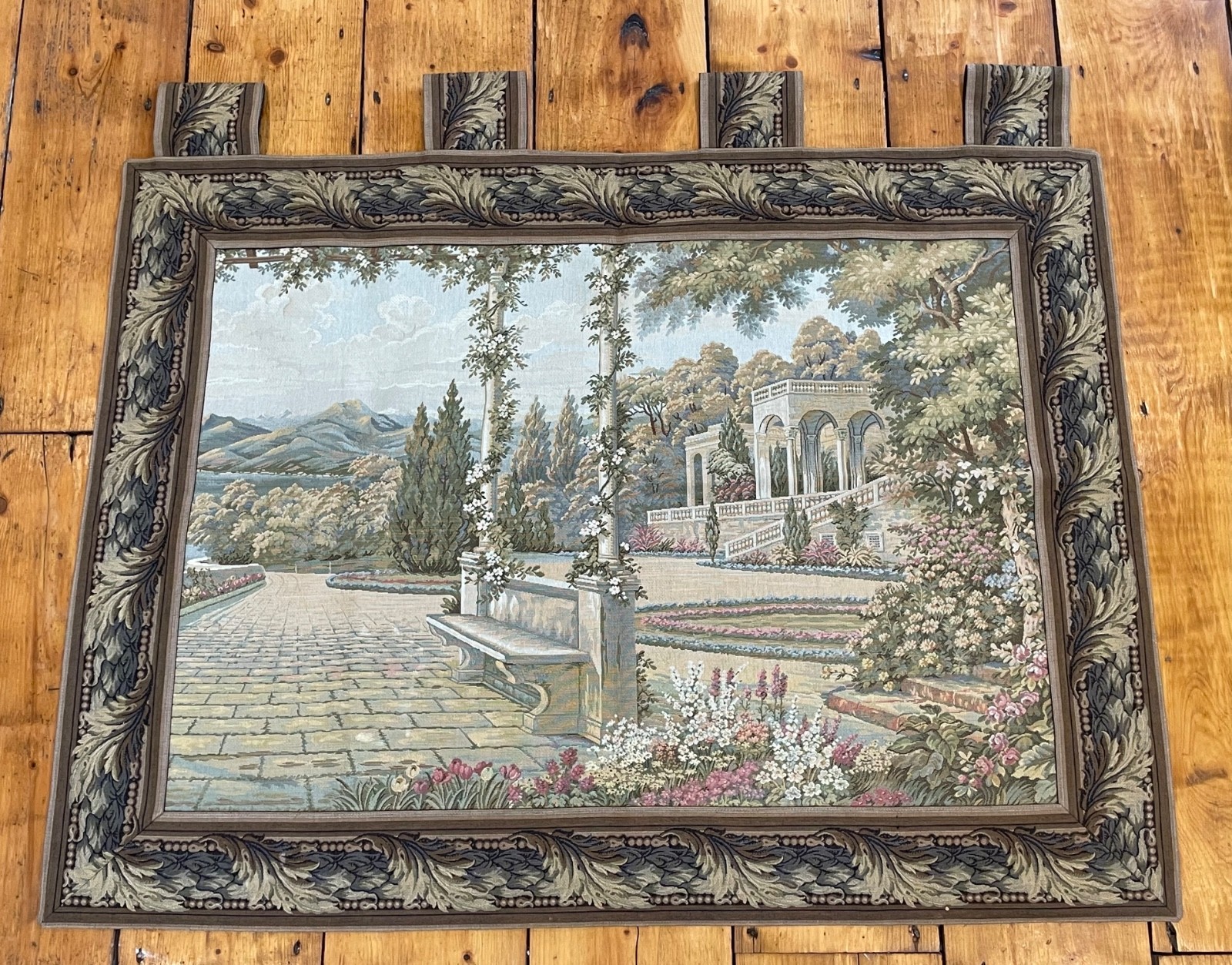 Medium sized vintage  woven tapestry wall hanging. Italian garden scene