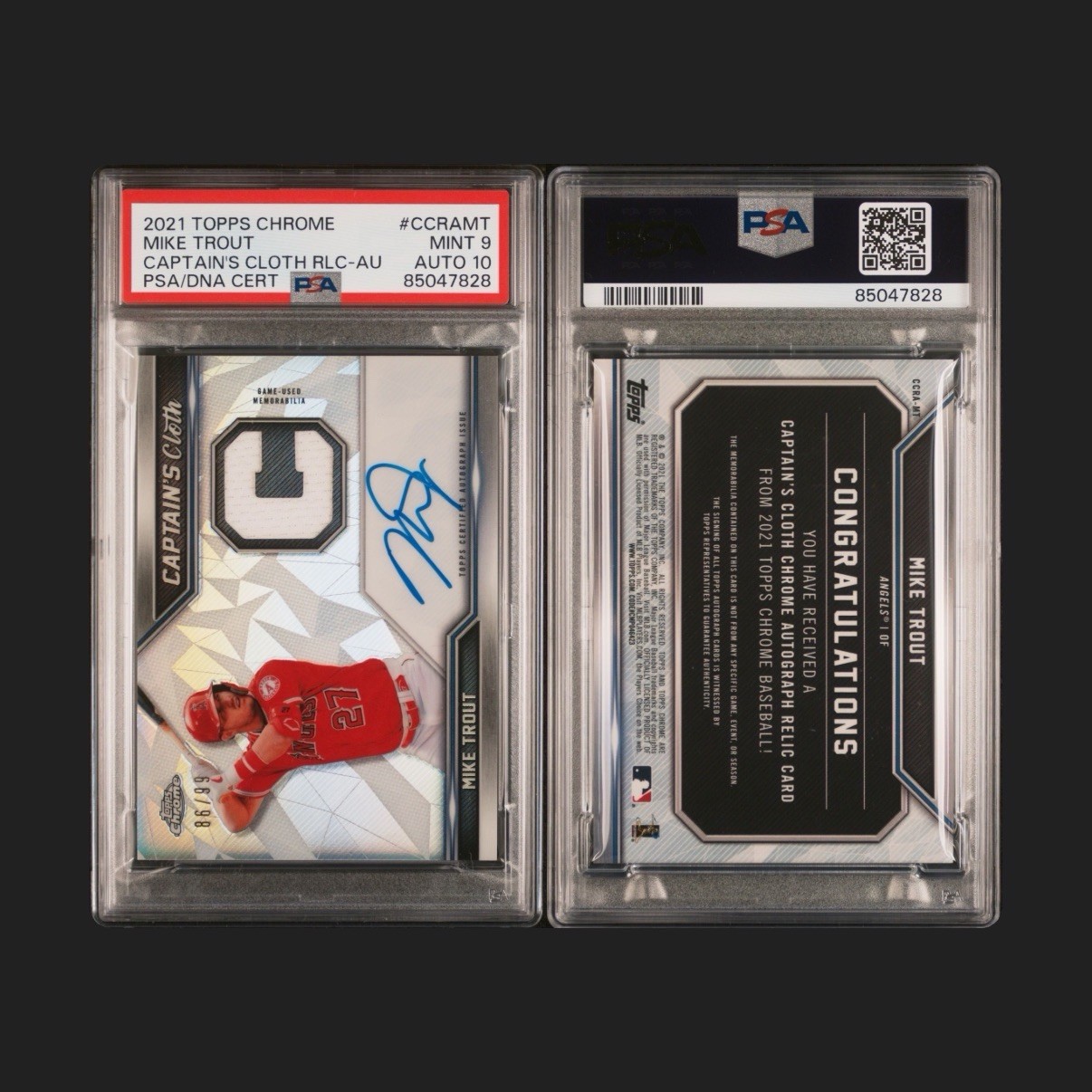 2021 TOPPS CHROME CAPTAIN'S CLOTH RELICS MIKE TROUT /99 PSA 9 AUTO 10 RLC-AU view 3