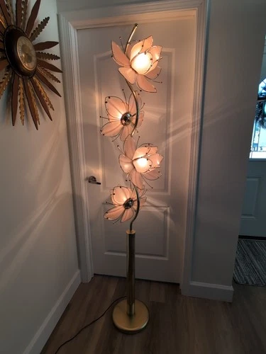 MCM Hollywood Regency Glass & Brass Gold Lotus Pink Flower Floor Lamp NICE 76"🌸