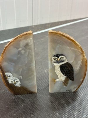 Achat geschnitten, handbemalte Eulen. Schöne Arbeit. Deko. H-13,5cms.