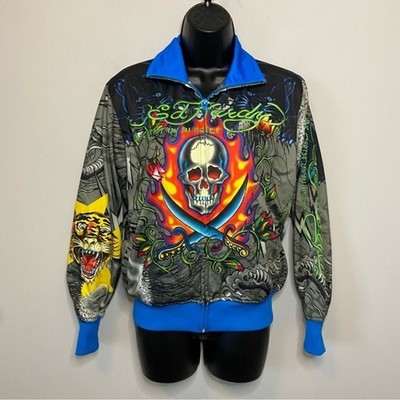 Don Ed Hardy Christian Audigier Blue Green Track Bomber Jacket Size Medium Y2K