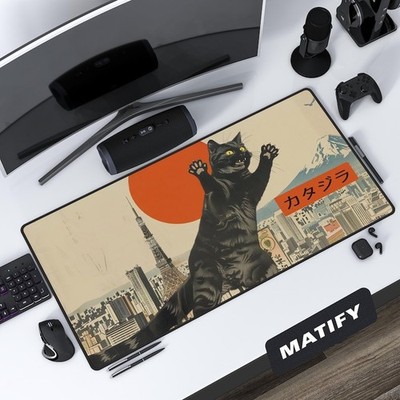 Catzilla Desk Mat  Giant Black Cat Tokyo Skyline DeskMat  Retro Monster Japanese