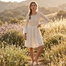 Ganni Sz L Women’s Crochet Lace Boho Ivory 3/4 Bell Sleeve Mini Dress Garden
