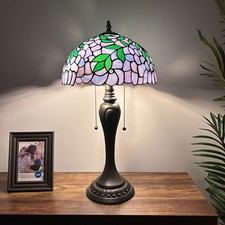 Tiffany Style Table Lamp Purple Stained Glass Green Leaves LED Bulb Include 22"H