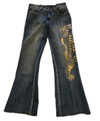 PEPE JEANS LONDON Y2K GIRLS Stretch Denim Pants GOLD TIGER on Leg Youth Size 16