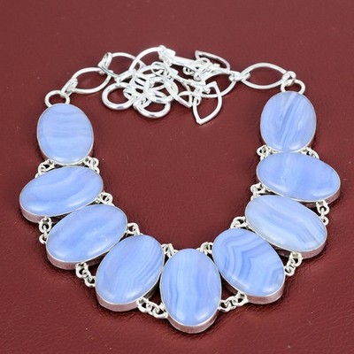 Blue Lace Agate Gemstone Necklace 925 Sterling Silver Adjustable Chain Necklace