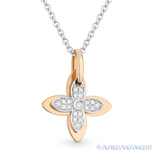 4 Petal Flower Luck Charm Diamond 2 Tone 14k Rose White Gold