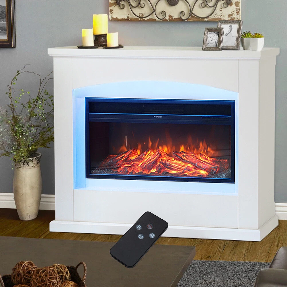 Electric Fire Insert Fireplace Heater Remote Control LED White Wooden  Mantel Set | eBay