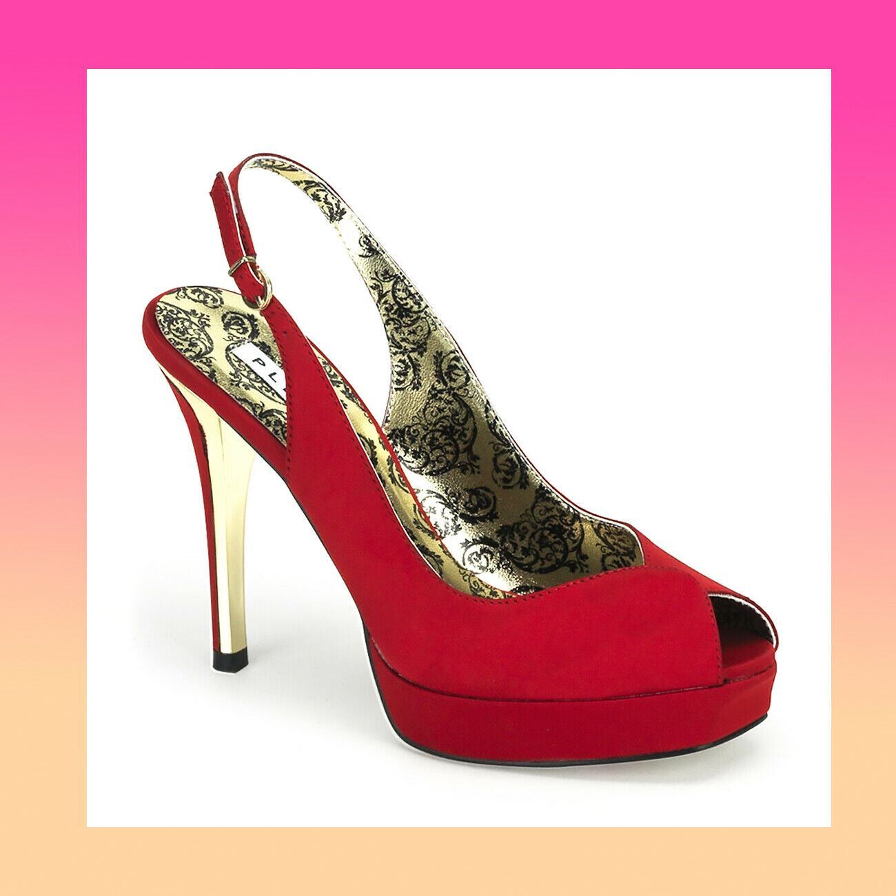 PLEASER BURLESQUE HEELS RED SATIN PEEP TOE PINUP SEXY BORDELLO - UK SIZE 3.5