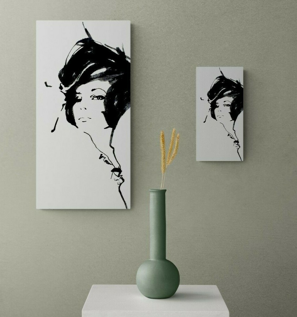 Fine Art Japanese Ink Sumi-e Print Wood Panel Woman Portrait