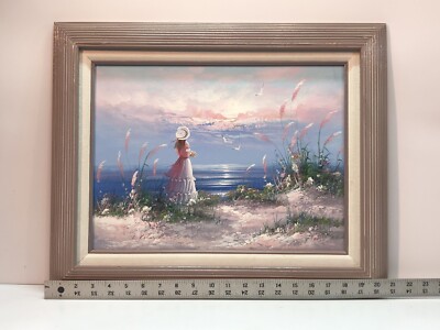 Original Oil Painting Signed L. Keswick Seaside Girl Canvas 12” X