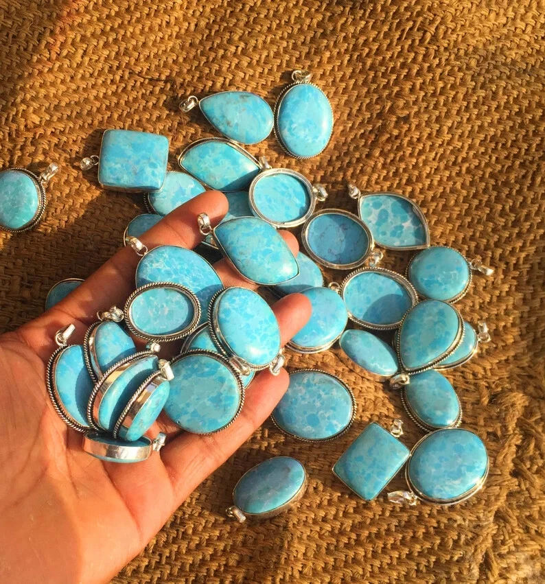 Lote de colgantes Larimar, colgante de piedras preciosas, lote de colgantes enchapados en plata 925 con forma mixta ~ Foto 3 de 3