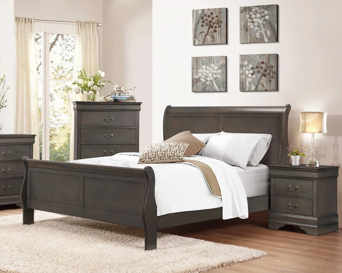 Sleigh Bed Stained Gray Finish 1pc Cal-King Size Classic Louis Philippe  Style