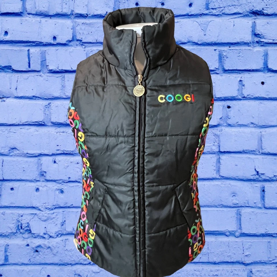 Vintage Coogi Womens Black Puffer Sleeveless Vest 80s 90s Colorful Logo Medium - Image 4 of 4