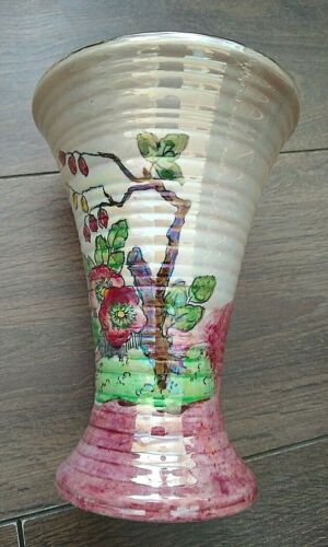 Vintage 1930s Art Deco Staffordshire Ribbed Vase Pink Green Cream Floral  - Picture 1 of 5