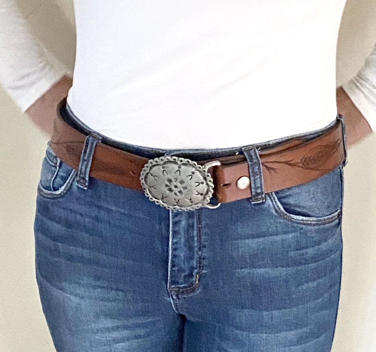 Ceinture Femme Vintage Billy Buckle En Cuir Marron - Boucle Concho étain Taille 32
