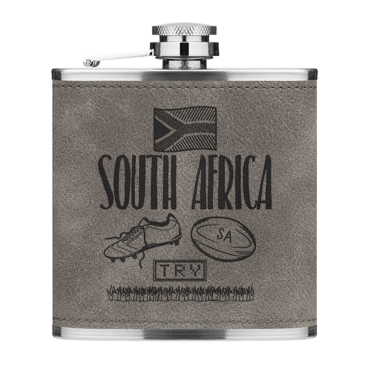 Rugby South Africa 6oz PU Leather Hip Flask Grey Funny League Union Flag
