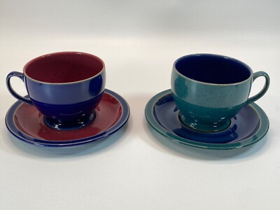Pair of 2 Footed Cup & Saucer Red, Blue & Green Denby Harlequin Stoneware