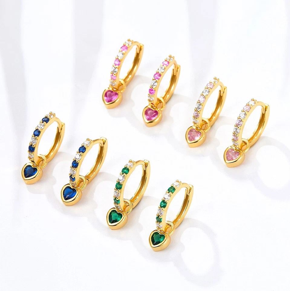 Vergoldete 925 Silber Creolen m. Herz-Einhänger Zirkonia Damen Mädchen Ohrringe - Bild 2 von 4