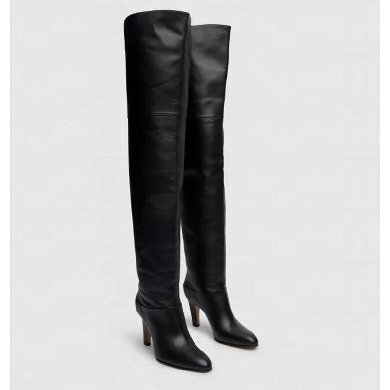 Elegantes Mujeres Botas Hasta la Rodilla Punta Redonda Gatito Tacones Club Fiesta Botas Talla Foto 4 de 4