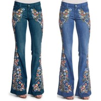 👖 Ladies Floral Flared Denim Pants Jeans Womens Flower Bell Bottoms Trousers KK