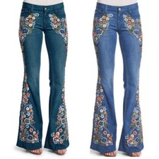  Ladies Floral Flared Denim Pants Jeans Womens Flower Bell Bottoms Trousers KK