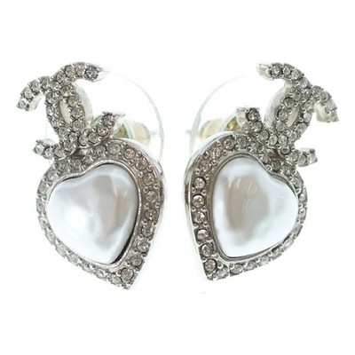 CHANEL Coco Mark Metal Strass Heart Rhinestone Earrings Silver [Grade B] [Color