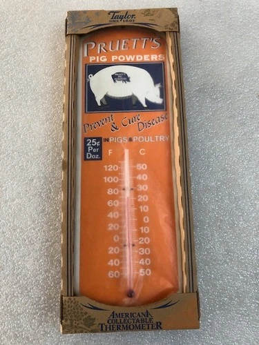 Vintage Pruett’s Pig Powders 16” Metal Taylor Thermometer -Tin Farm Sign 78541