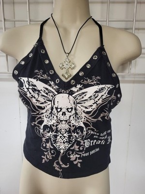 Romwe Black And White Skulled Wings Halter Top, Size Meduim