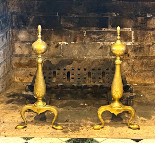Pair Brass Gold Fireplace Andirons Firedogs Traditional Bow Front 19x21x17"