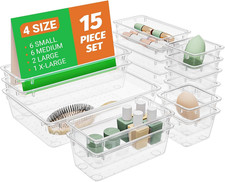 15 PCS Clear Plastic Drawer Organizer Set, 4-Size Acrylic Drawer Storage Trays,