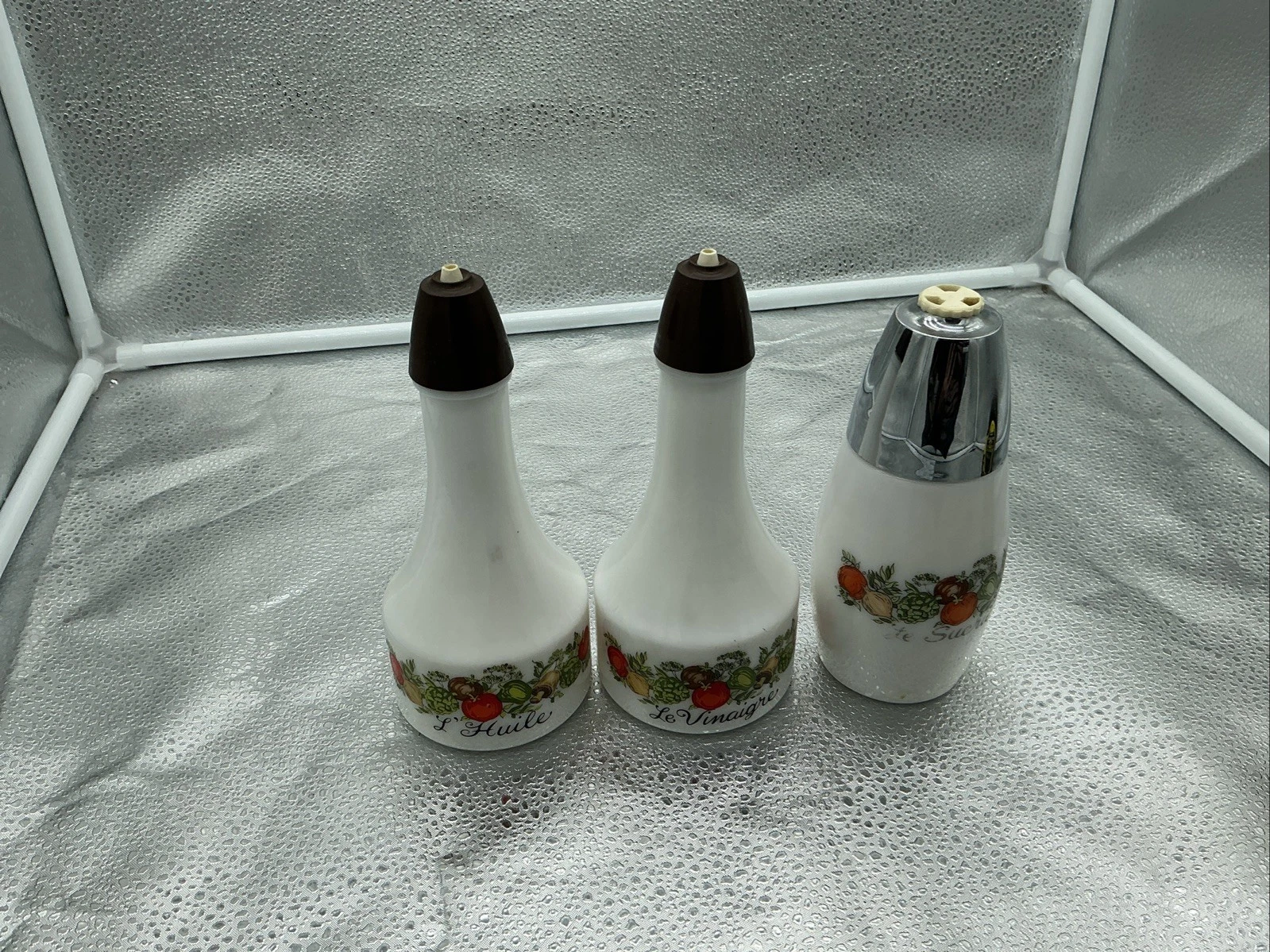 Set of 3 Vintage Gemco Spice of Life Oil and Vinegar Cruets and Sugar dispenser