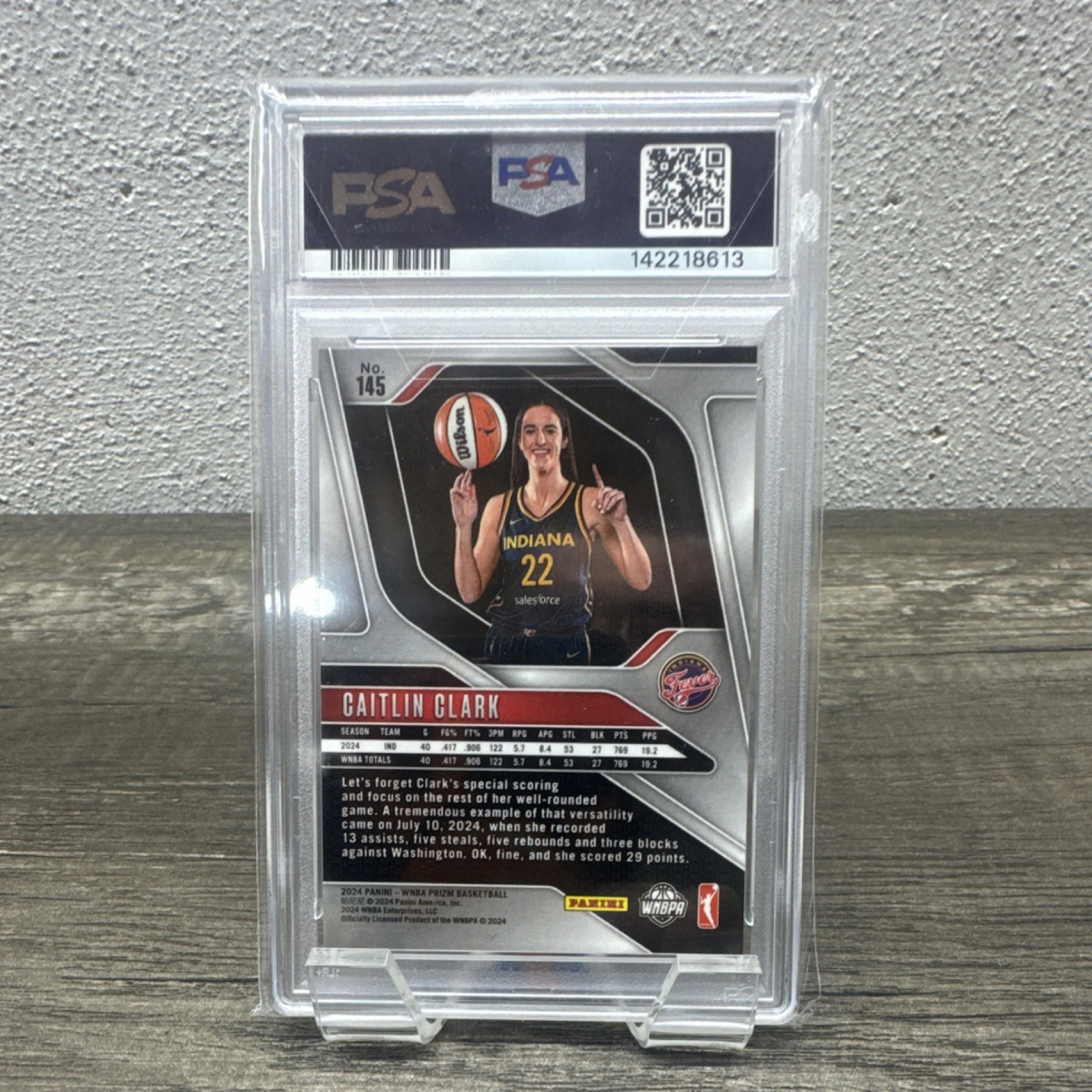 Panini Prizm 2024 WNBA Caitlin Clark #145 Rookie PSA 9 Indiana Fever Base view 2