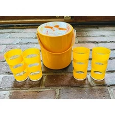 Drulane Retro Yellow Ice Bucket Set w/ 4 Glasses Stir Sticks summer cocktail MCM