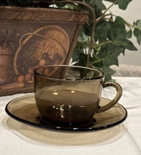 Vereco France Smokey Brown Espresso Cup & Saucer Set MCM Retro