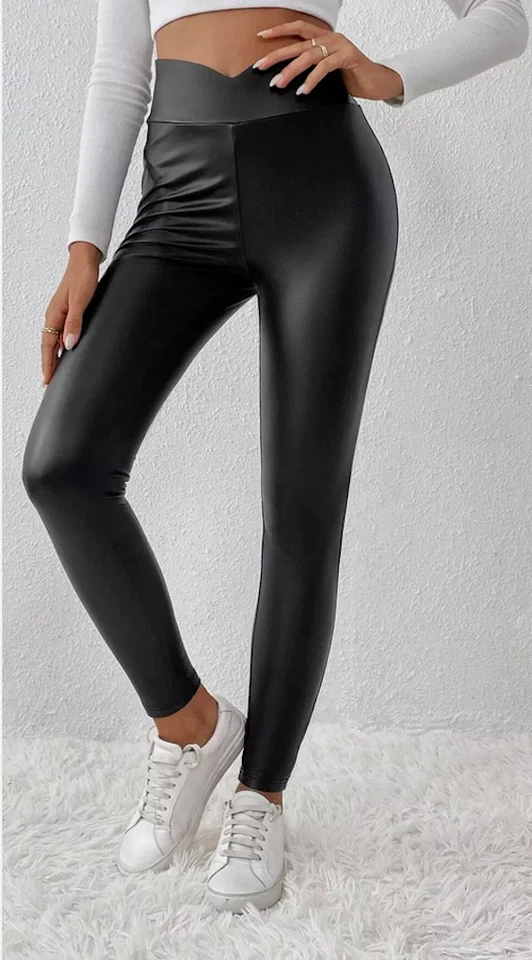 Leder Optik, Stretch Leggings, Asymetrisch, High Waist, Size. S (36) Schwarz - Bild 2 von 4