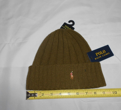 NWT Polo Ralph Lauren Men's Pony Olive Green/Brown Wool Blend Beanie Cuff  Hat