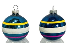 2 Vintage Shiny Brite Striped Ball Christmas Ornaments Blue Yellow Pink Marked